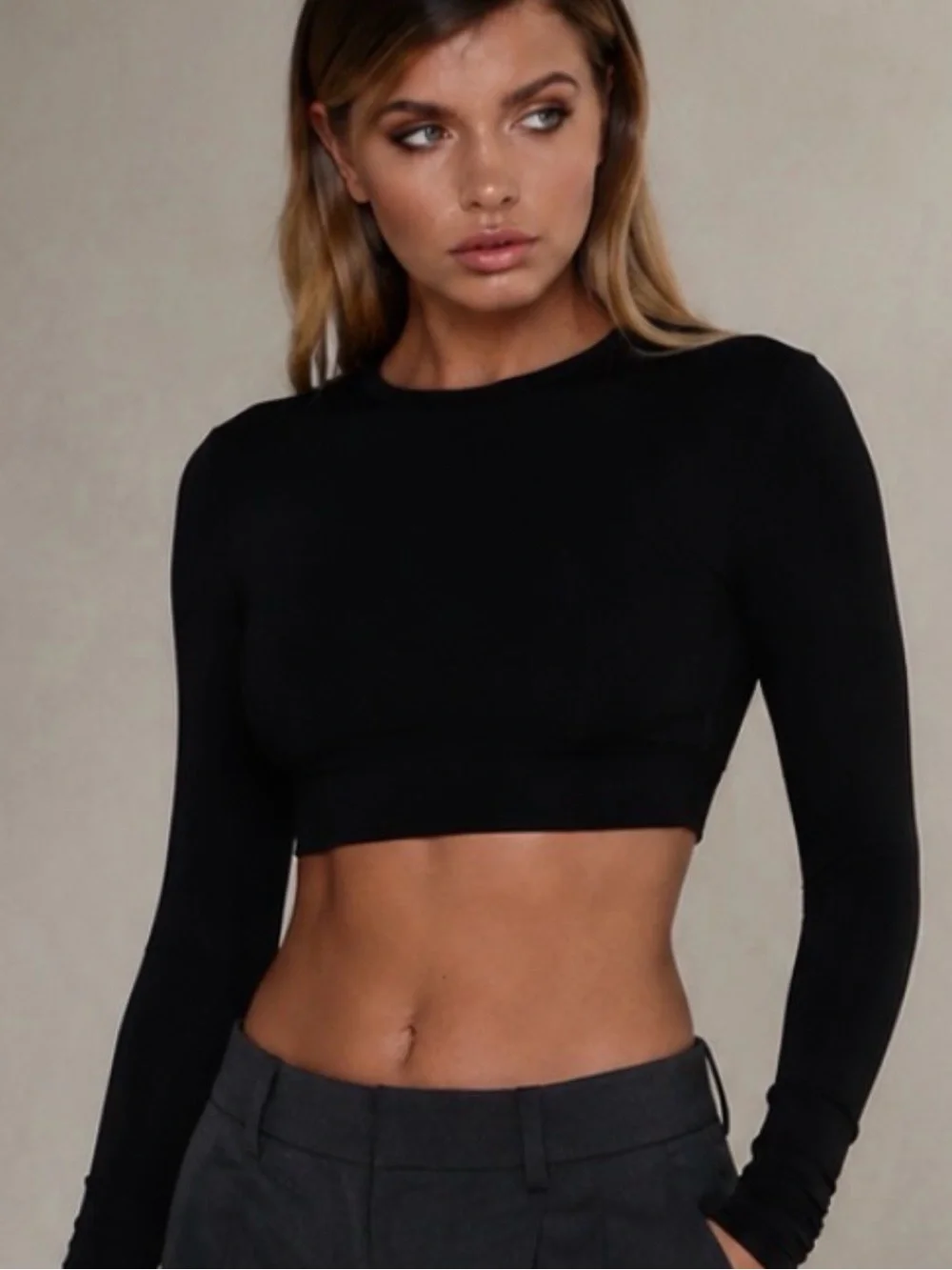 MESHKI Mila Black Long Sleeve Crop Top Size M - Picture 9 of 10